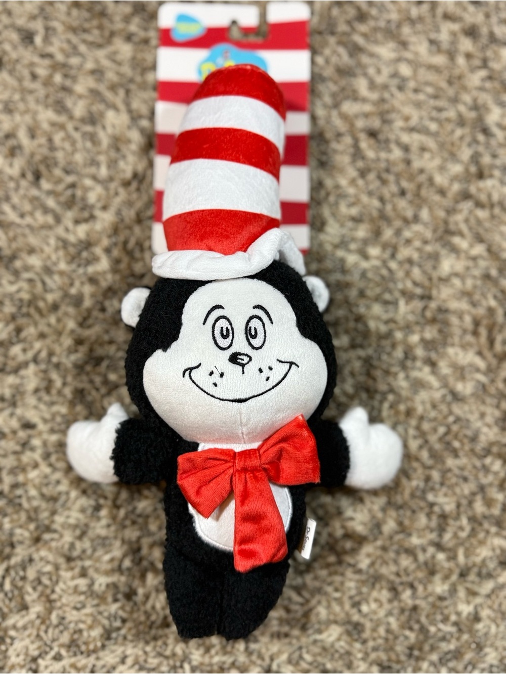 Dr. Seuss Black and White Cat Plush with Red Striped Hat and Red Bow